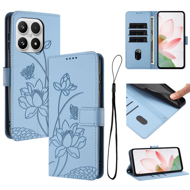 For Xiaomi 17 Lotus Embossed Leather Phone Case with Lanyard(Blue)