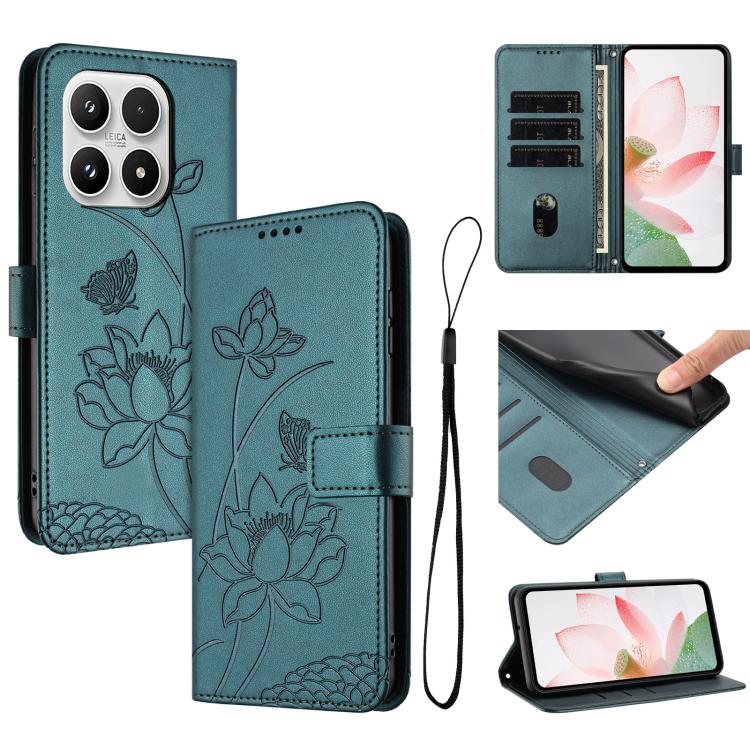 For Xiaomi 17 Lotus Embossed Leather Phone Case with Lanyard(Dark Green)