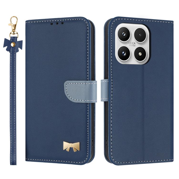 For Xiaomi 17 Metal Bow Leather Phone Case with Hand Strap(Dark Blue)