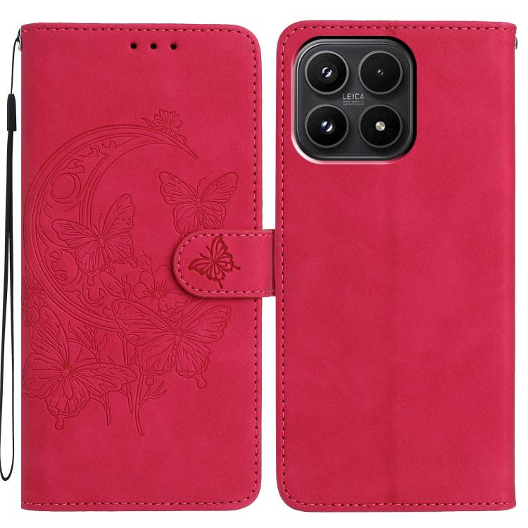 For Xiaomi 17 Moonlit Butterfly Dance Pattern Embossed Leather Phone Case(Rose Red)