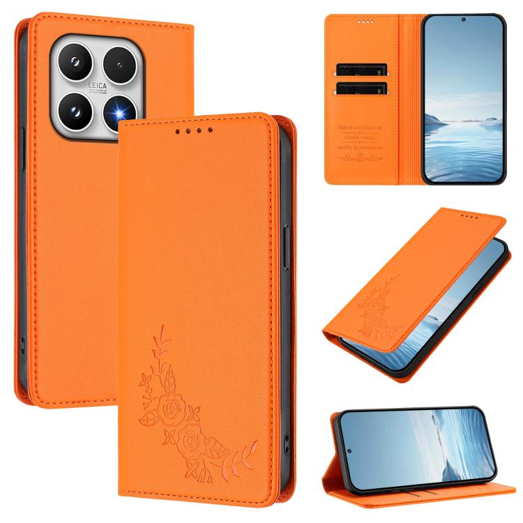 For Xiaomi 17 Peony Embossed Magnetic RFID Vegan Leather Phone Case(Orange)