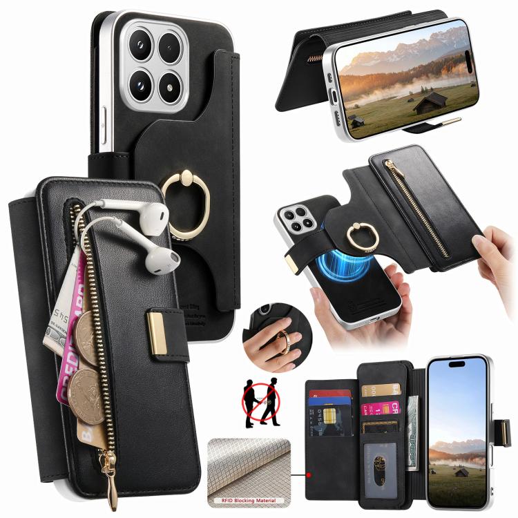 For Xiaomi 17 Precision Hole Silver-Edged Ring RFID Blocking Zipper Wallet Magnetic Vegan Leather Phone Case(Black)
