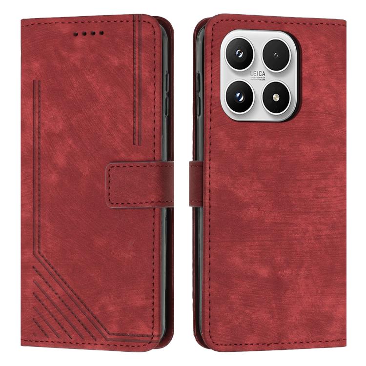 For Xiaomi 17 Skin Feel Stripe Pattern Leather Phone Case with Lanyard(Red)