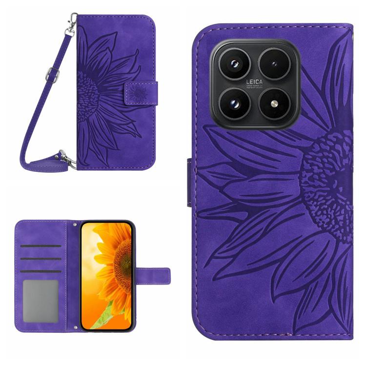 For Xiaomi 17 Skin Feel Sun Flower Embossed Flip Leather Phone Case with Lanyard(Dark Purple)