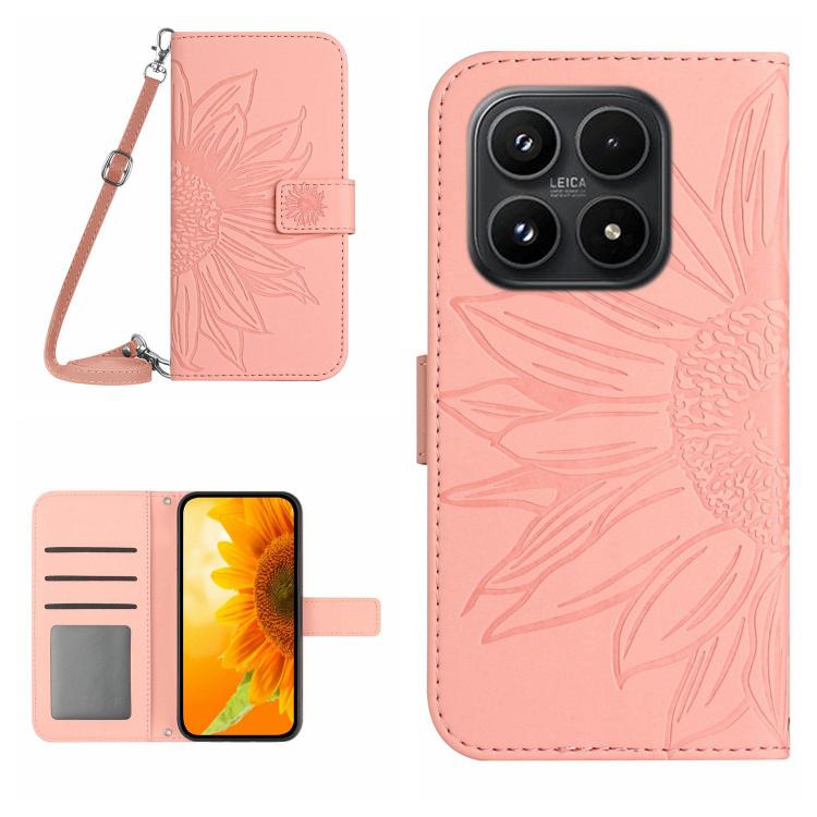 For Xiaomi 17 Skin Feel Sun Flower Embossed Flip Leather Phone Case with Lanyard(Pink)