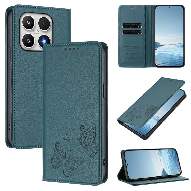 For Xiaomi 17 Strong Magnetic Dual Butterfly RFID Vegan Leather Phone Case(Peacock Green)