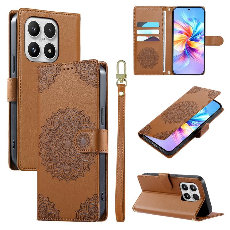 For Xiaomi 17 Totem Embossed Magnetic Closure Vegan Leather Phone Case with Strap(Brown)
