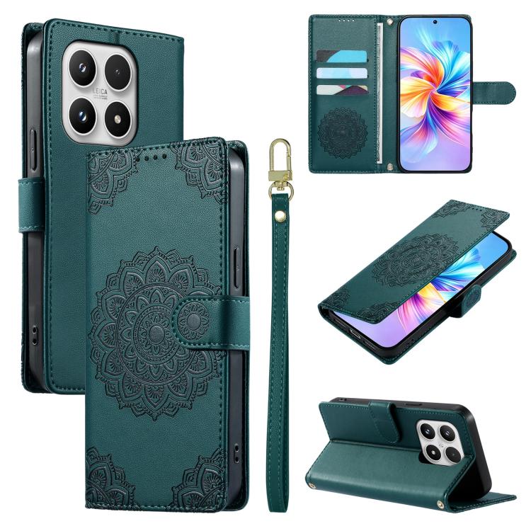 For Xiaomi 17 Totem Embossed Magnetic Closure Vegan Leather Phone Case with Strap(Deep Green)
