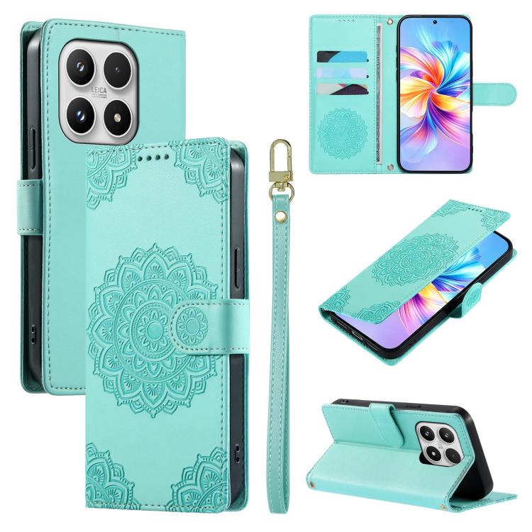 For Xiaomi 17 Totem Embossed Magnetic Closure Vegan Leather Phone Case with Strap(Light Green)