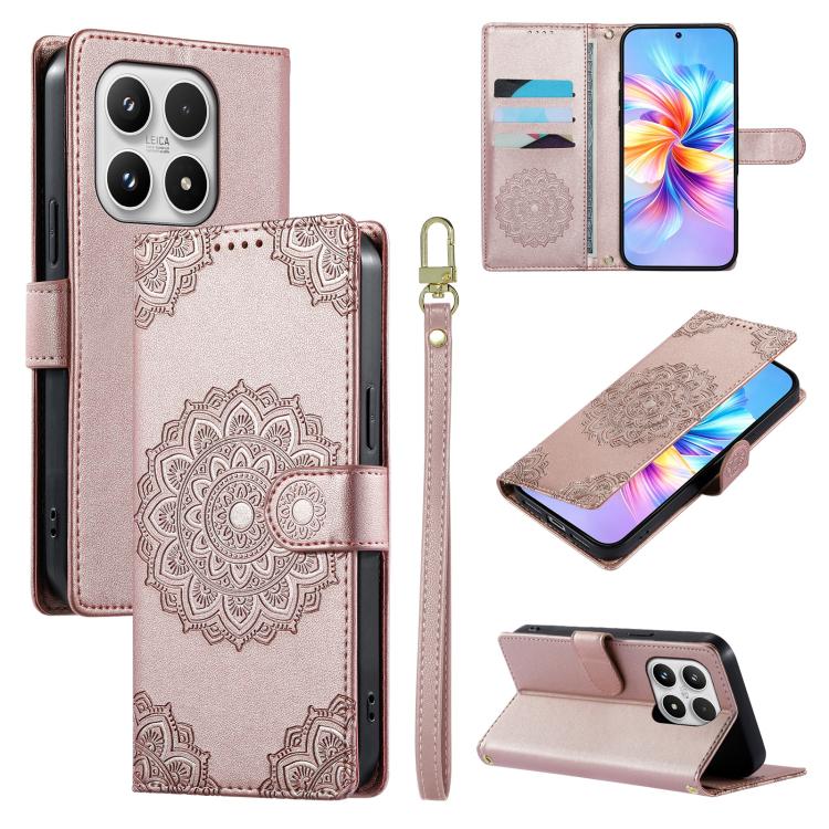 For Xiaomi 17 Totem Embossed Magnetic Closure Vegan Leather Phone Case with Strap(Pink)