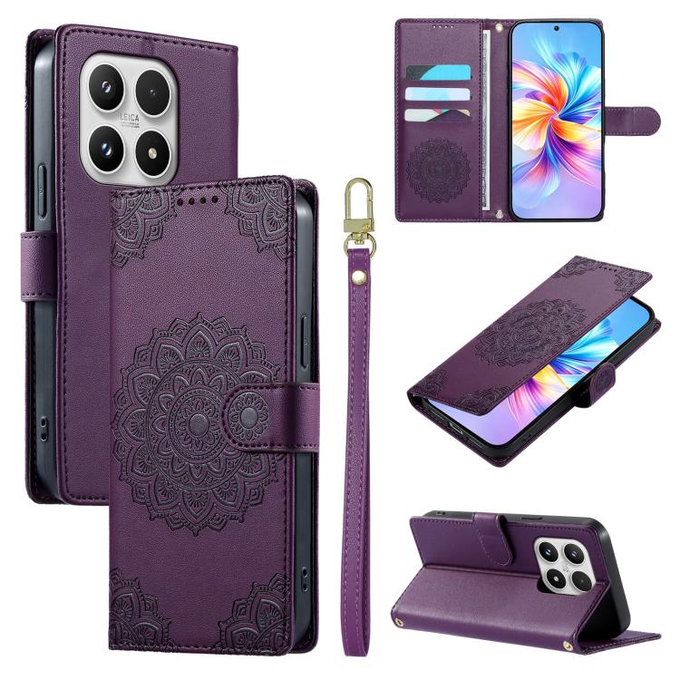 For Xiaomi 17 Totem Embossed Magnetic Closure Vegan Leather Phone Case with Strap(Purple)
