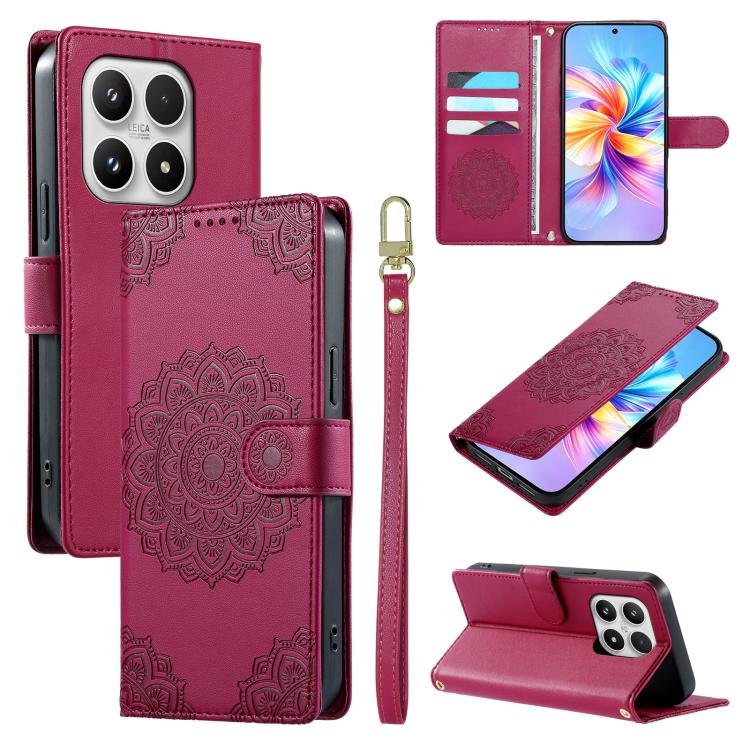 For Xiaomi 17 Totem Embossed Magnetic Closure Vegan Leather Phone Case with Strap(Rose Red)