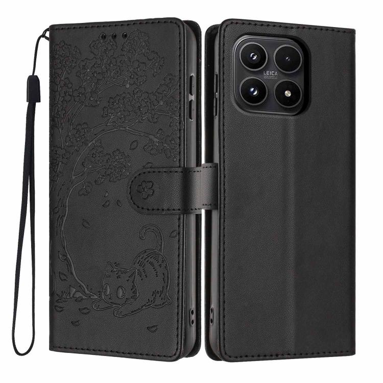 For Xiaomi 17 Tree Cat Embossed Flip Vegan Leather Phone Case(Black)