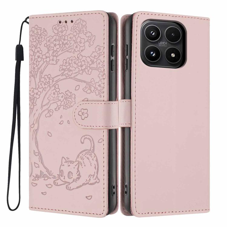 For Xiaomi 17 Tree Cat Embossed Flip Vegan Leather Phone Case(Rose Gold)