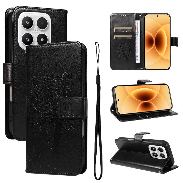 For Xiaomi 17 Tree & Cat Embossed Pattern Flip Leather Phone Case(Black)