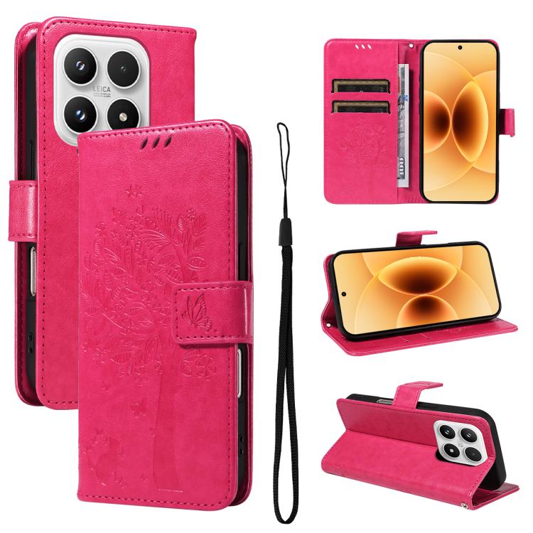For Xiaomi 17 Tree & Cat Embossed Pattern Flip Leather Phone Case(Rose Red)