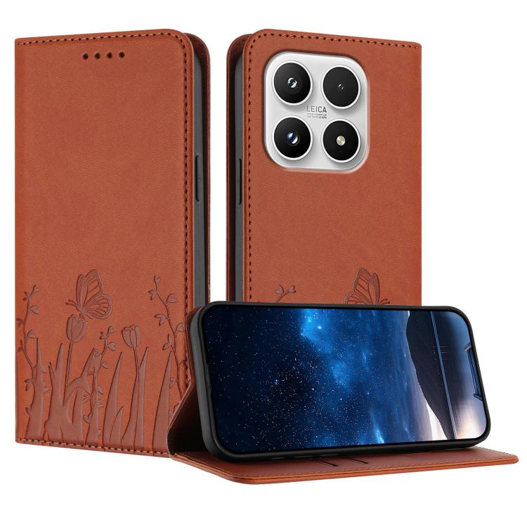 For Xiaomi 17 Tulips Butterfly Pattern Magnetic Vegan Leather Phone Case(Coffee)