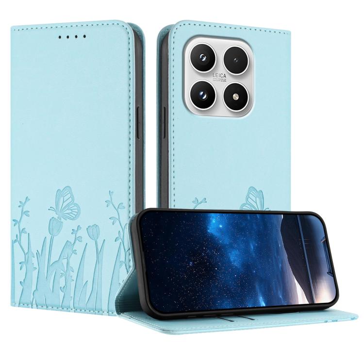 For Xiaomi 17 Tulips Butterfly Pattern Magnetic Vegan Leather Phone Case(Light Blue)
