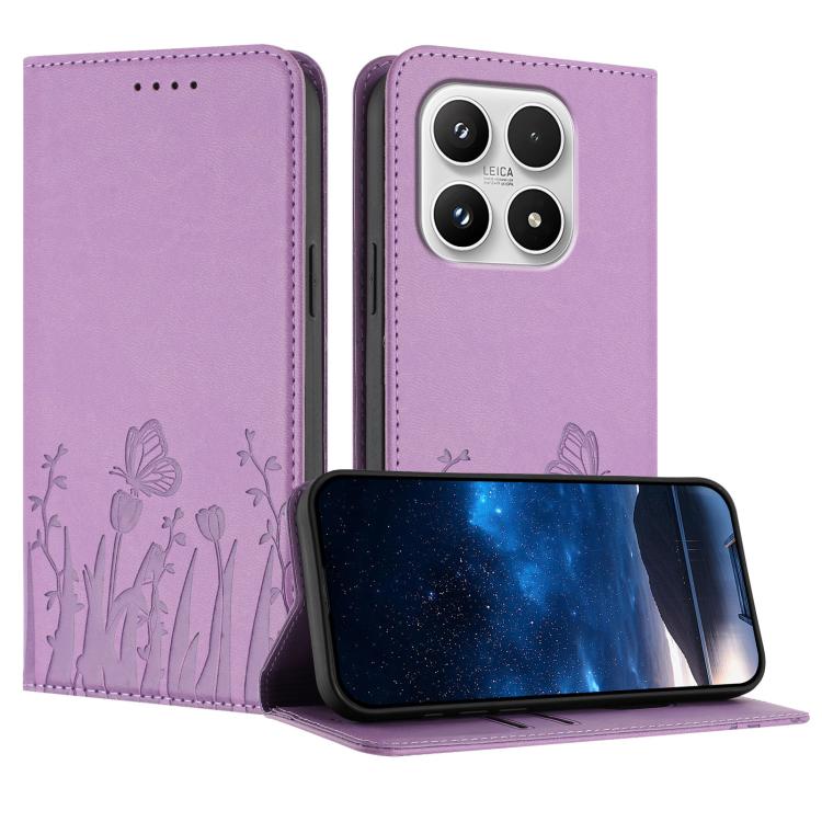 For Xiaomi 17 Tulips Butterfly Pattern Magnetic Vegan Leather Phone Case(Light Purple)