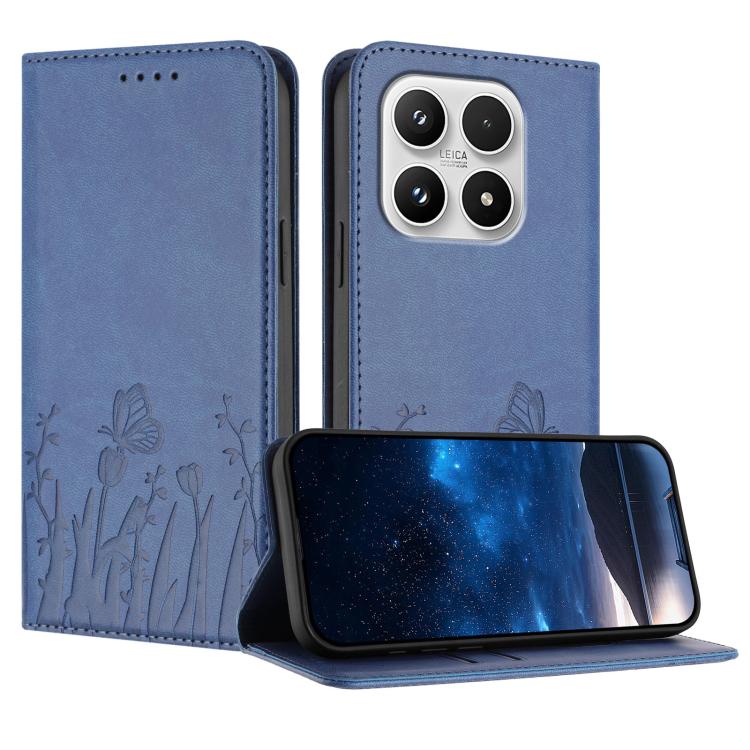 For Xiaomi 17 Tulips Butterfly Pattern Magnetic Vegan Leather Phone Case(Royal Blue)