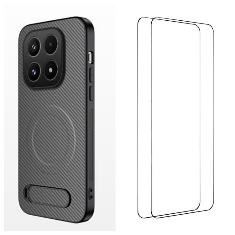 For Xiaomi 17 WANLONFENG Kickstand Carbon Fiber Texture Magnetic Phone Case with 2pcs Screen Films(Grey)