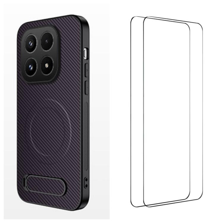 For Xiaomi 17 WANLONFENG Kickstand Carbon Fiber Texture Magnetic Phone Case with 2pcs Screen Films(Purple)