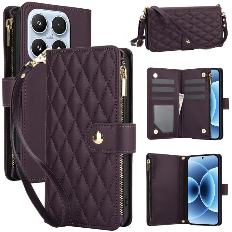 For Xiaomi 17 YM016 Rhombic Zipper Card Wallet Leather Phone Case with Lanyard(Dark Purple)