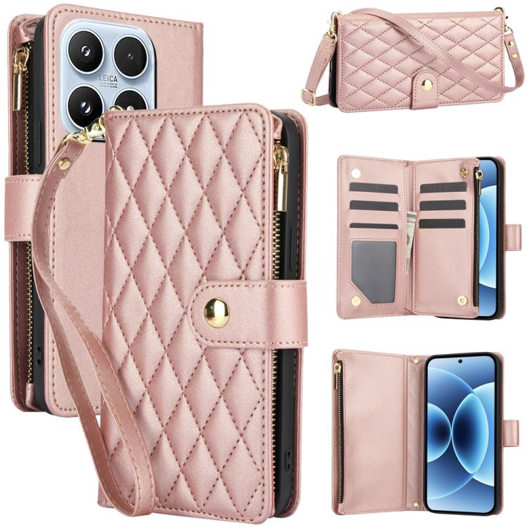 For Xiaomi 17 YM016 Rhombic Zipper Card Wallet Leather Phone Case with Lanyard(Rose Gold)
