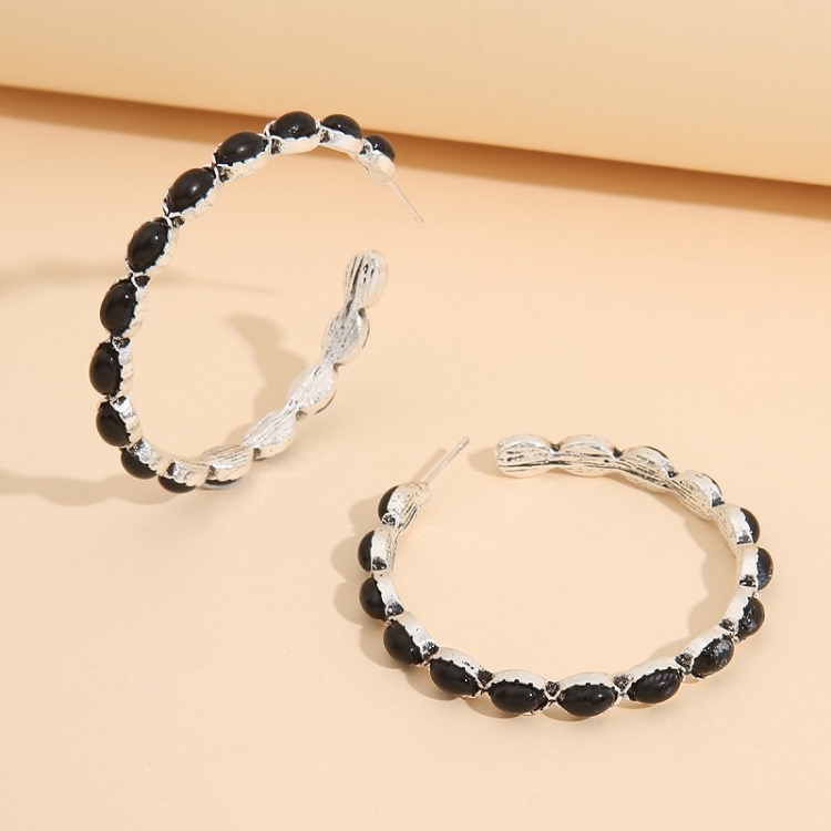 Geometric Large Circle Set Turquoise Earrings Retro C-shaped Hoop Earrings(Black)