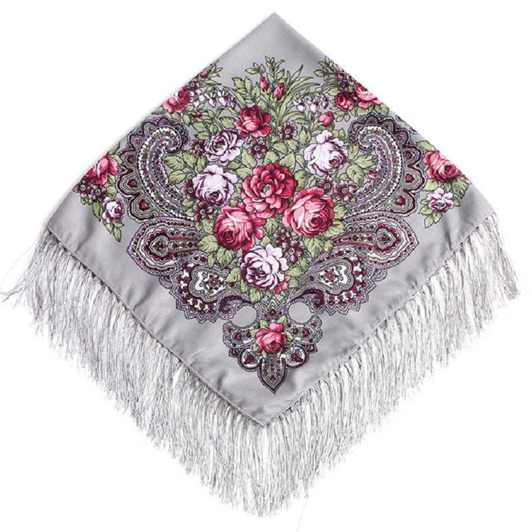 Gray Ethnic Style Retro Tassel Square Scarf Flower Pattern Headscarf Scarf, Size:90 x 90cm