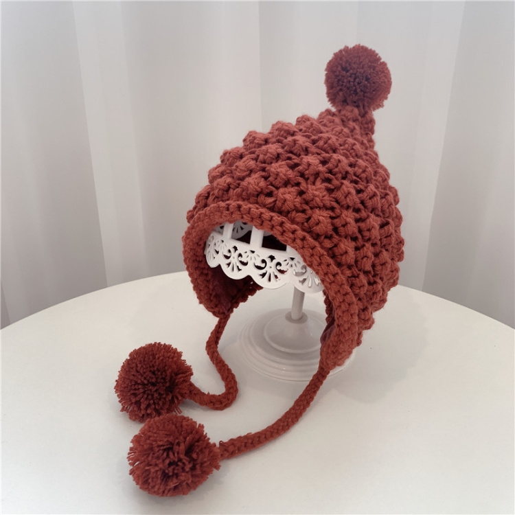 Hand-Woven Children Knitted Ear Protection Hat Autumn and Winter Thickened Baby Pineapple Grain Woolen Hat, Size: 48-53cm Head Circumference(Red Wine)