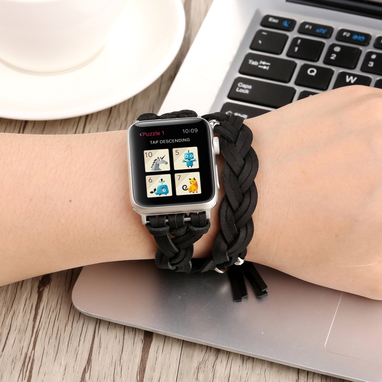 Hand-woven Leather Watch Band For Apple Watch Series 9&8&7 41mm / SE 3&SE 2&6&SE&5&4 40mm / 3&2&1 38mm(Black)