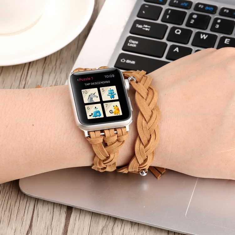 Hand-woven Leather Watch Band For Apple Watch Series 9&8&7 41mm / SE 3&SE 2&6&SE&5&4 40mm / 3&2&1 38mm(Khaki)