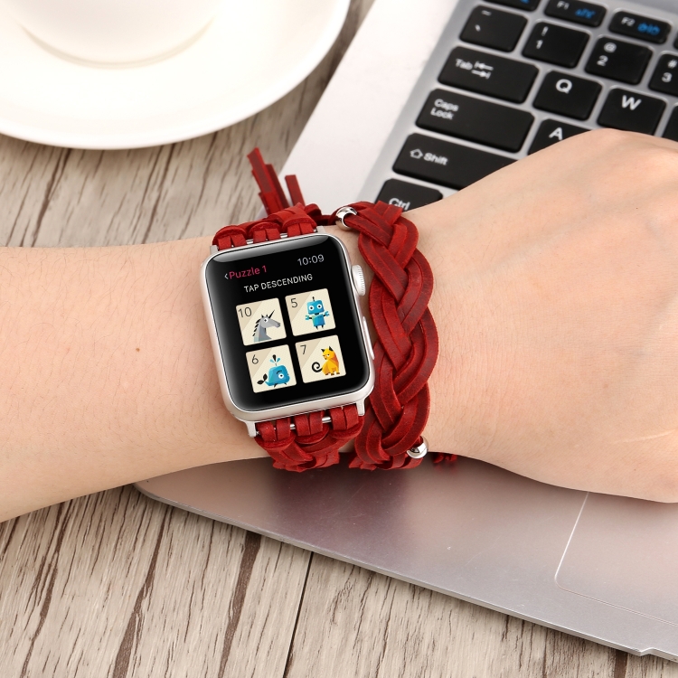 Hand-woven Leather Watch Band For Apple Watch Ultra 49mm&Watch Ultra 2 49mm / Series 9&8&7 45mm / SE 3&SE 2&6&SE&5&4 44mm / 3&2&1 42mm(Red)