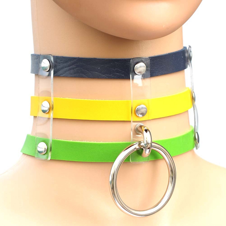 Harajuku Fashion Punk Gothic Rivets Collar Hand 3-rows Caged Leather Collar Necklace(Dark Blue+Yellow+Green)