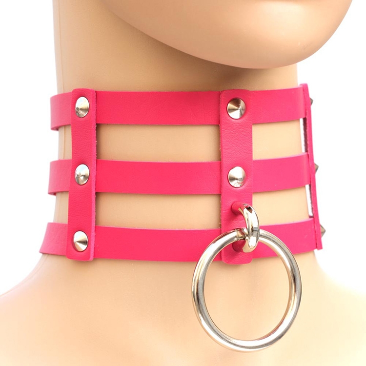 Harajuku Fashion Punk Gothic Rivets Collar Hand 3-rows Caged Leather Collar Necklace(Magenta)