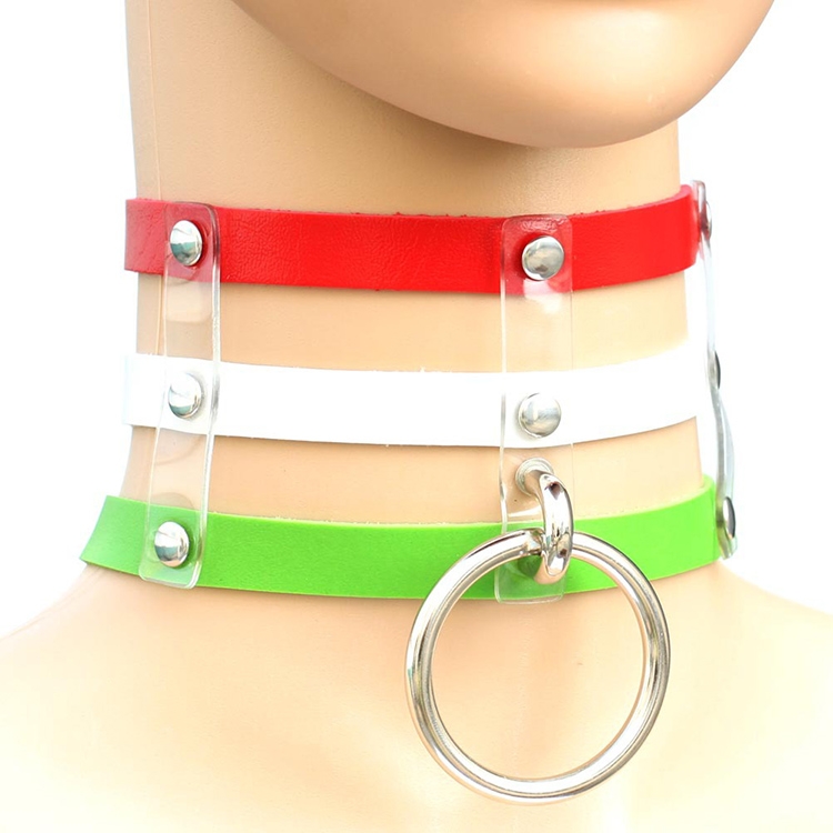 Harajuku Fashion Punk Gothic Rivets Collar Hand 3-rows Caged Leather Collar Necklace(Red+White+Green)