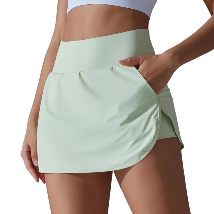 High-Waisted Form-Fitting Two-Piece Style Tennis Skirt With Back Pockets, Size: L(Light Milk Green)
