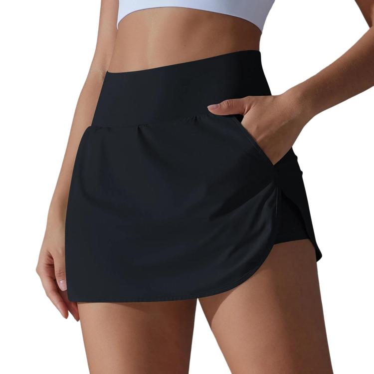High-Waisted Form-Fitting Two-Piece Style Tennis Skirt With Back Pockets, Size: M(Black)