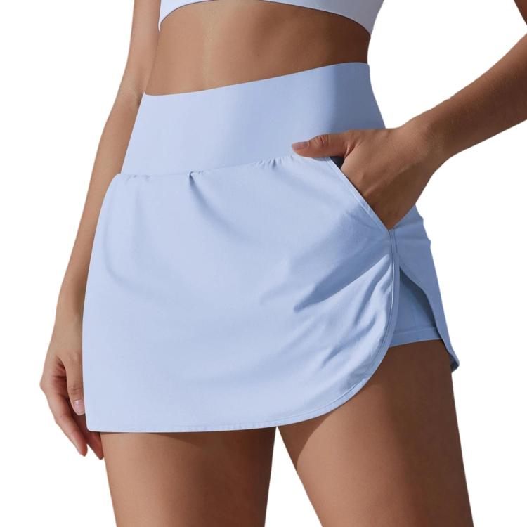 High-Waisted Form-Fitting Two-Piece Style Tennis Skirt With Back Pockets, Size: M(Dreamy Light Blue)