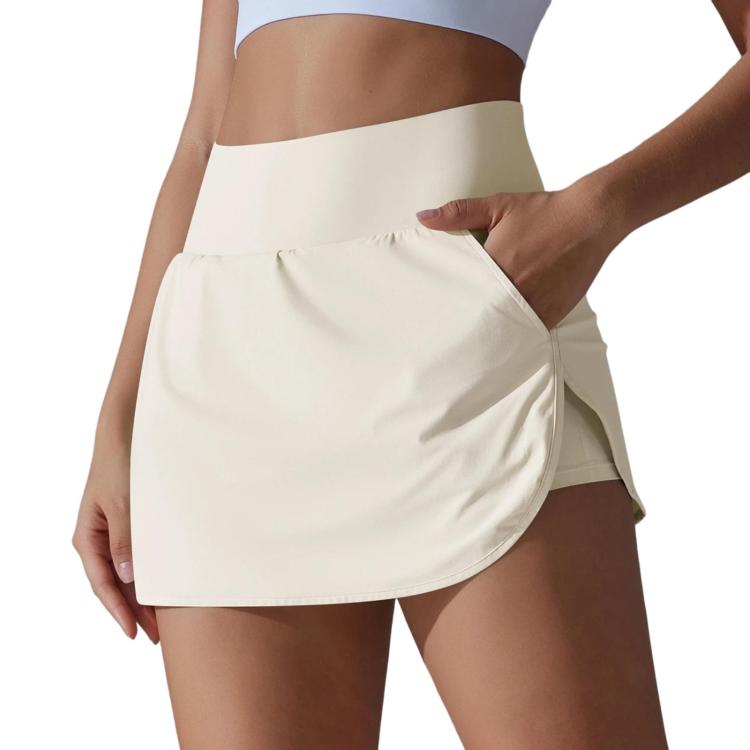 High-Waisted Form-Fitting Two-Piece Style Tennis Skirt With Back Pockets, Size: M(Light Ivory)