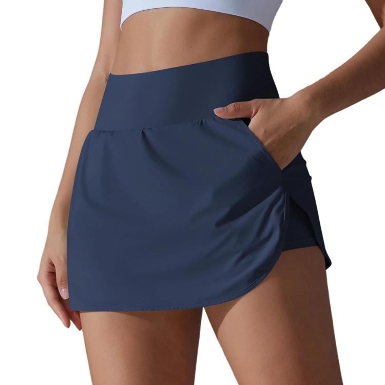 High-Waisted Form-Fitting Two-Piece Style Tennis Skirt With Back Pockets, Size: M(Navy Blue)