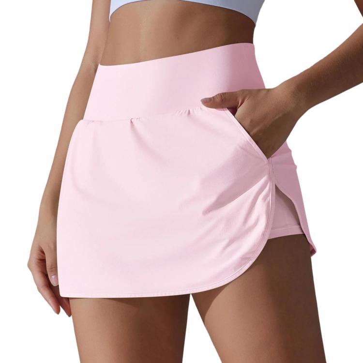 High-Waisted Form-Fitting Two-Piece Style Tennis Skirt With Back Pockets, Size: S(Rose Pink)
