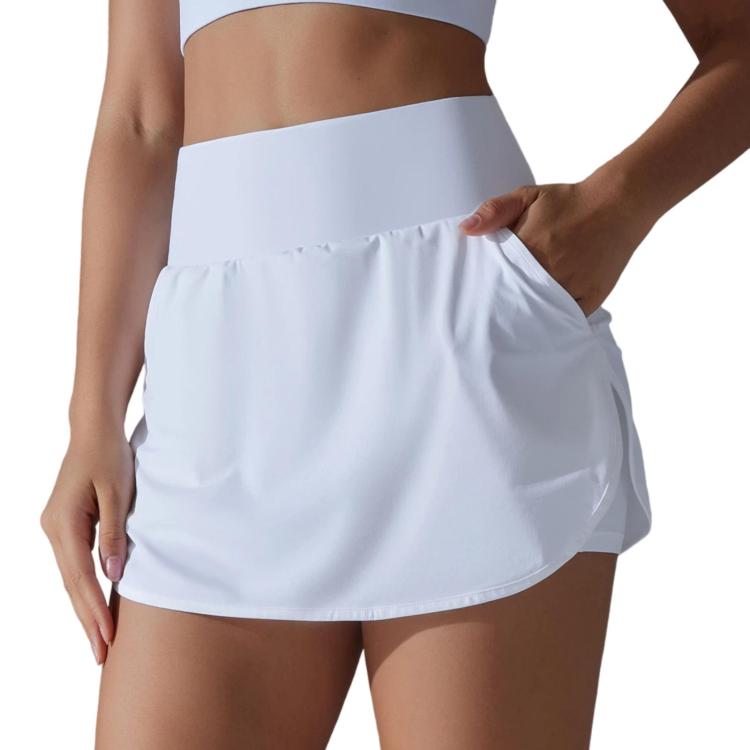 High-Waisted Form-Fitting Two-Piece Style Tennis Skirt With Back Pockets, Size: S(White)