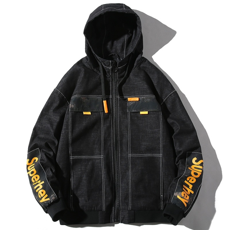 Hooded Casual Letter Print Tooling Denim Jacket for Men (Color:Black Size:XL)