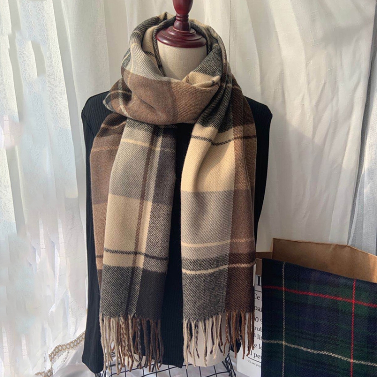 Imitation Cashmere Retro British Tassel Plaid Scarf Women Autumn And Winter Thick Warm Dual-Use Bib Shawl, Length (cm): 180cm(Khaki)