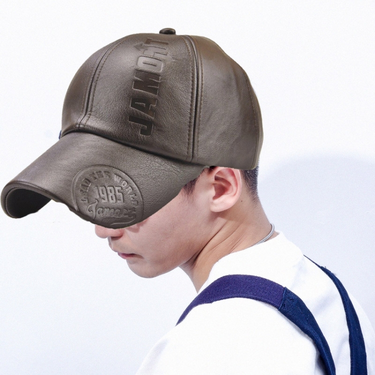 Jamont 9553 PU Leather Autumn and Winter Baseball Cap Embossed Outdoor Peaked Cap(Dark Coffee)
