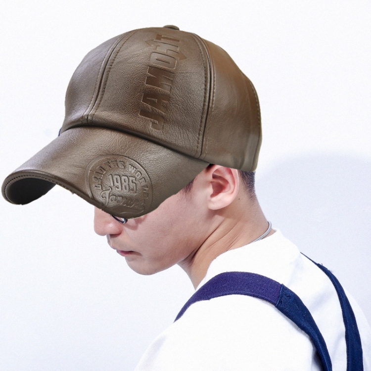 Jamont 9553 PU Leather Autumn and Winter Baseball Cap Embossed Outdoor Peaked Cap(Light Coffee)