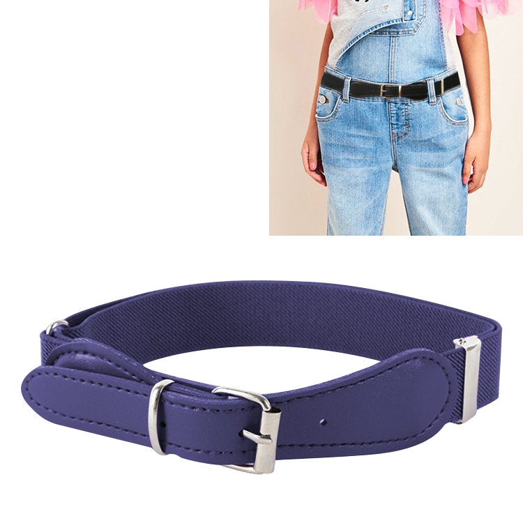 Kids Polyester + PU Leather Square Pin Buckle Adjustable Elastic Belt, Length:65cm(Navy Blue)