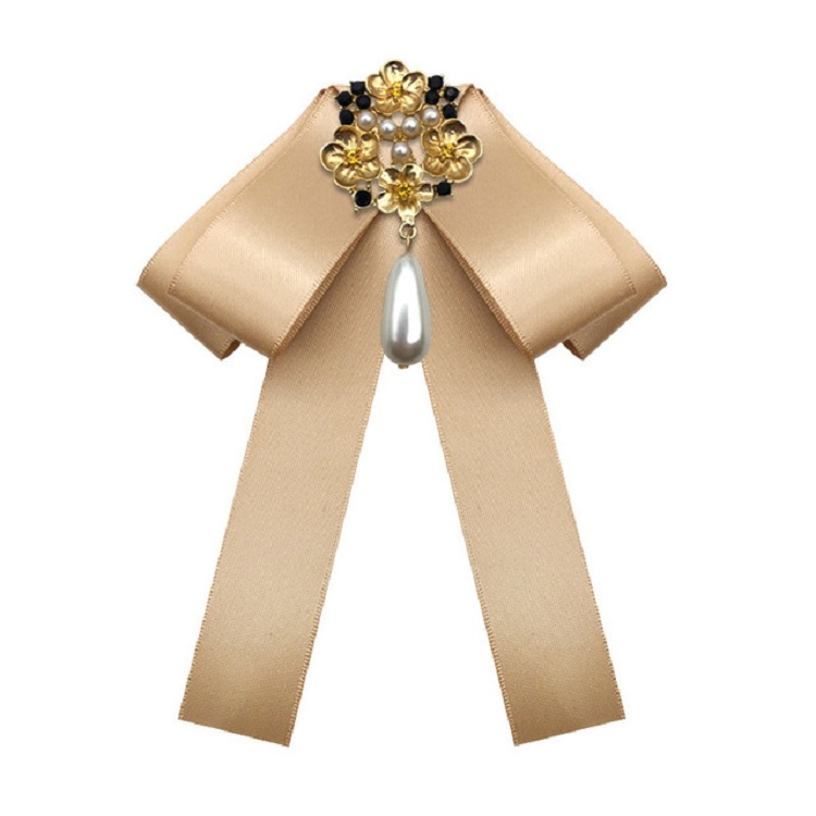 Ladies Retro Style Cloth Fabric Pearl Diamond Brooch Bow Tie Bow Clothing Accessories, Style:Pin Buckle Version(Champagne)